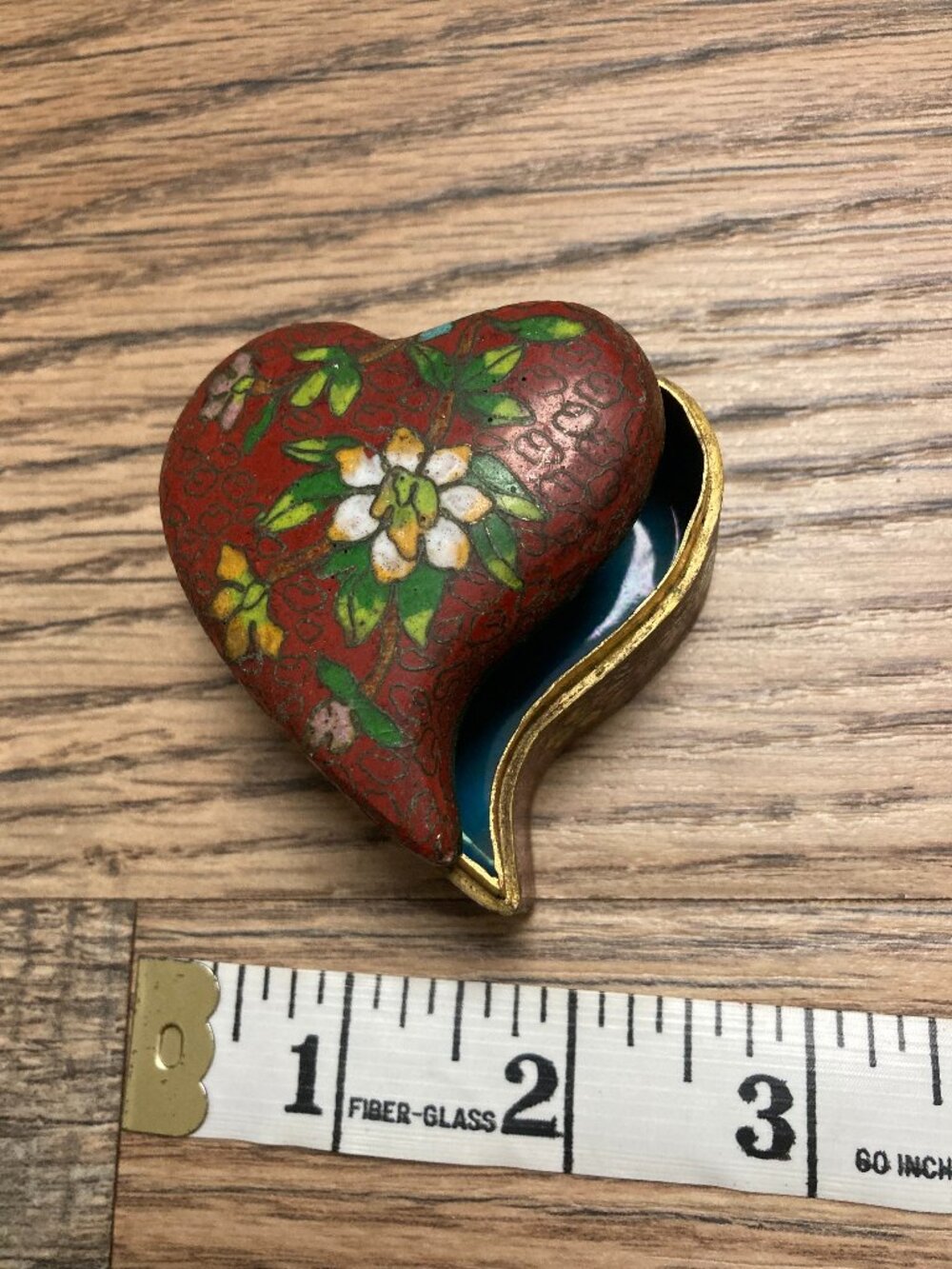 Vintage Enamel on Brass  Cloisonné Heart Shaped Trinket Box Burgundy Blue Pink